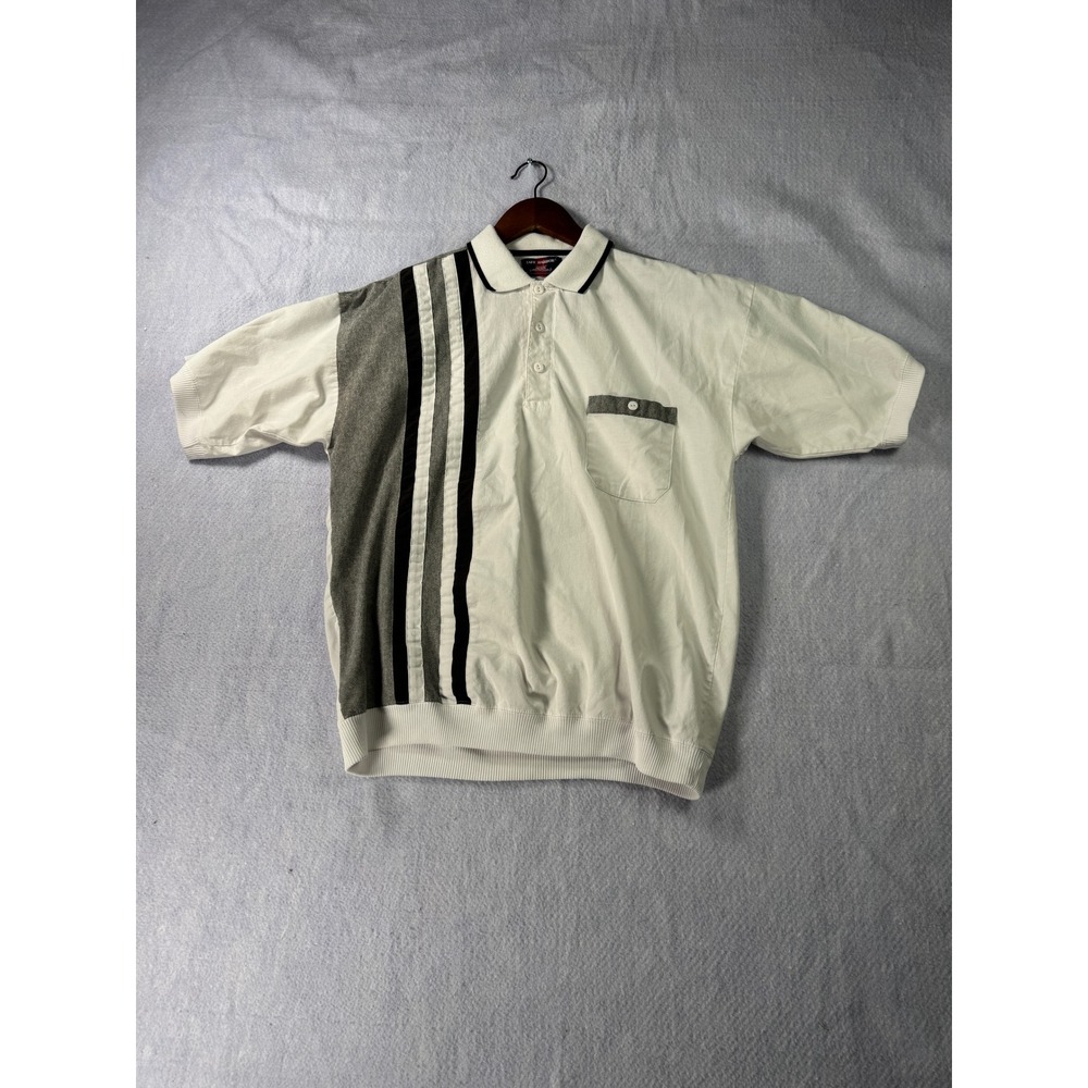 Safe Harbor Mens White Grey Striped Short Sleeve Banded Hem Polo Shirt Medium